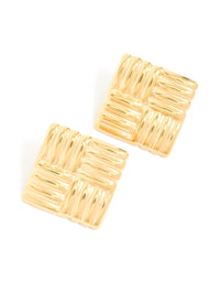 Waterproof Gold Plated Stainless Steel Square Ribbed Stud Earrings - link has visual effect only