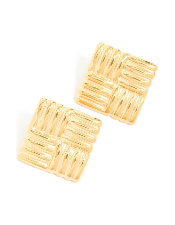 Waterproof Gold Plated Stainless Steel Square Ribbed Stud Earrings