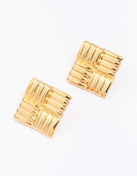 Waterproof Gold Plated Stainless Steel Square Ribbed Stud Earrings - link has visual effect only