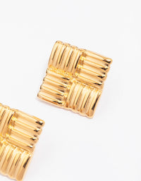 Waterproof Gold Plated Stainless Steel Square Ribbed Stud Earrings - link has visual effect only