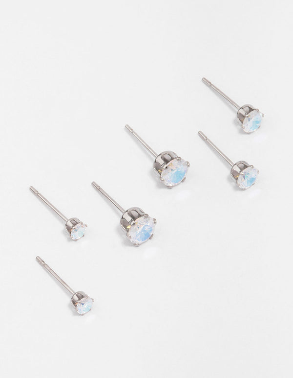 thumbnail interactive-video image 1 of 6 Pairs Stainless Steel Round CZ Stud Earrings – 6mm To 8mm Cubic Zirconia Screw Back 1 of 2