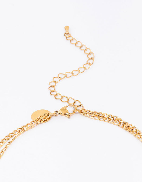 Waterproof Gold Plated Stainless Steel Layered Curb & Figaro Necklace
