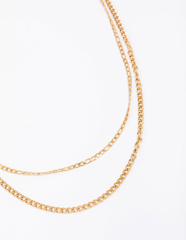 Gold Plated Stainless Steel Layered Curb & Figaro Necklace