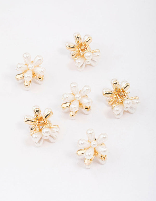 Gold Mini Pearl Daisy Hair Claw Clip 6-Pack