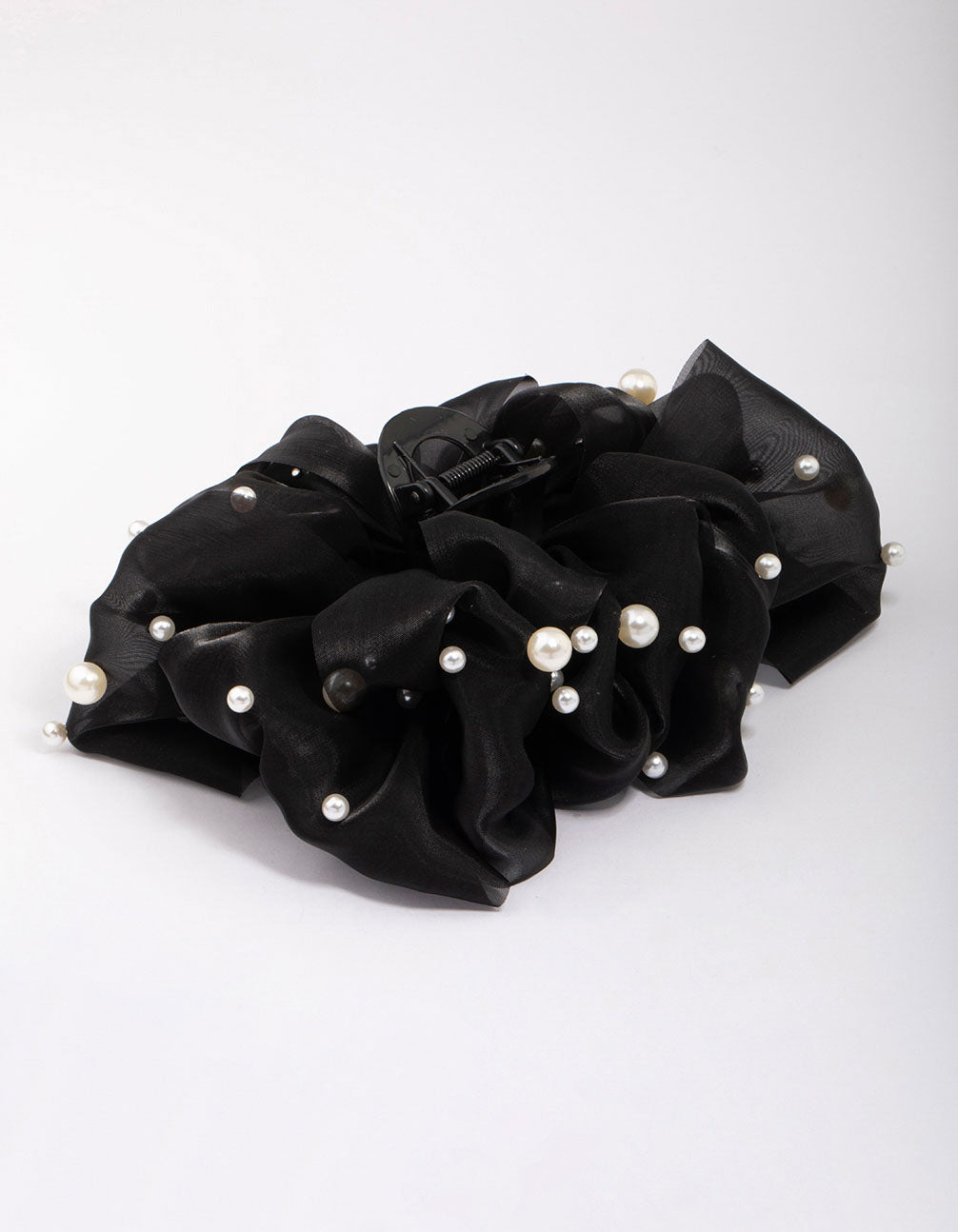 Black Large Chiffon Pearl Bow Hair Claw Clip
