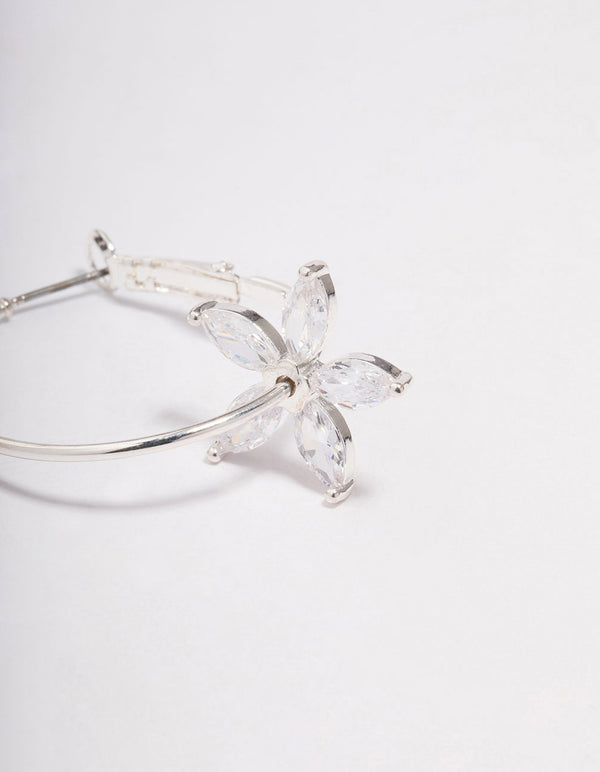 Silver Cubic Zirconia Flower Hoop Earrings