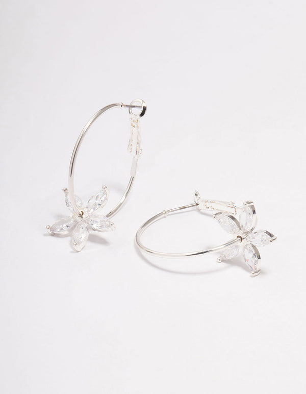 Silver Cubic Zirconia Flower Hoop Earrings