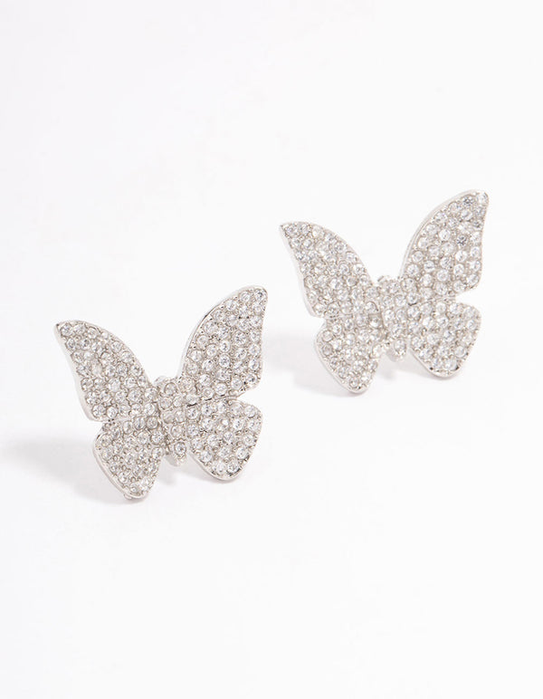 Silver Butterfly Cubic Zirconia Stone Stud Earrings