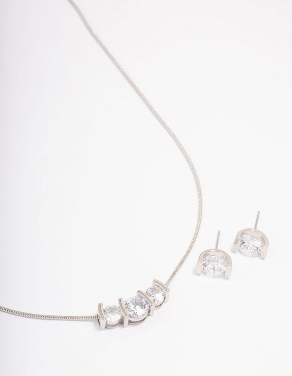 Silver Triple Diamante Necklace & Earring Jewellery Set