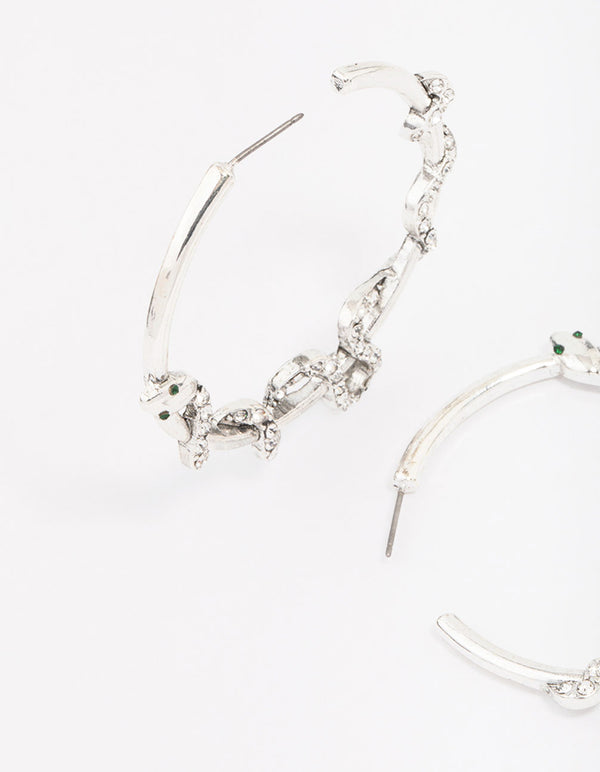 Antique Silver Snake Diamante Medium Hoop Earrings