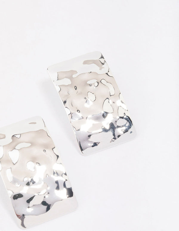 Silver Hammered Rectangular Stud Earrings