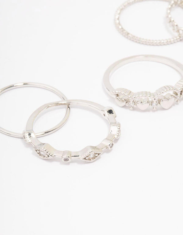 Silver Cubic Zirconia Heart Ring 5-Pack