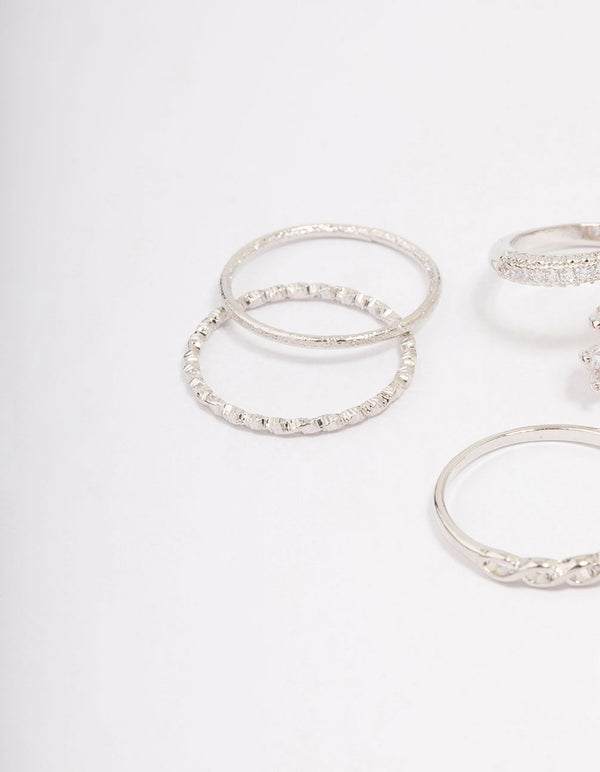 Silver Cubic Zirconia Floral Ring 7-Pack