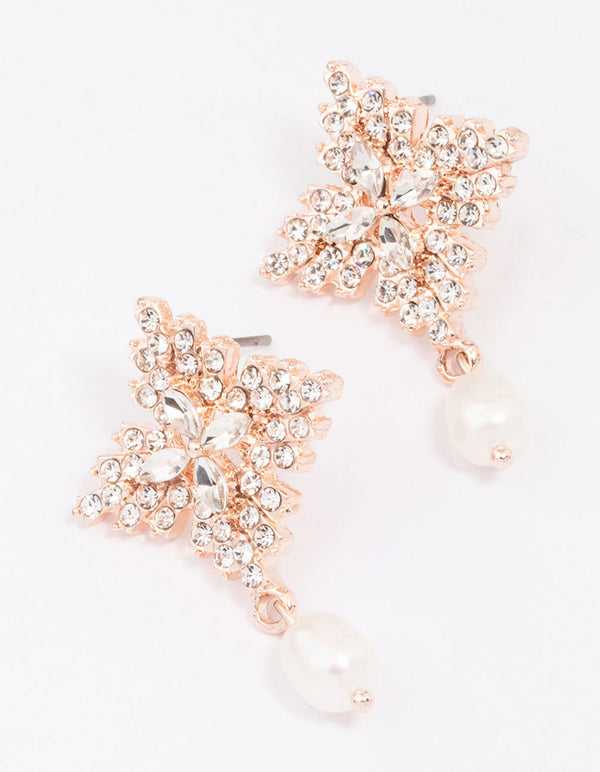 Rose Gold Freshwater Pearl Diamante Drop Earrings