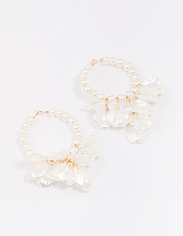 Gold Pearl Petal Hoop Earrings
