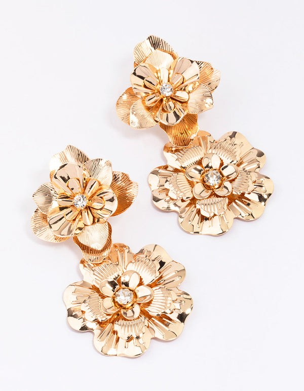 Gold Molten Double Flower Drop Earrings