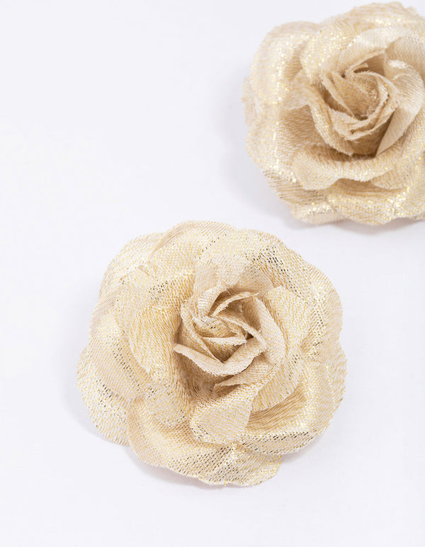 Gold Fabric Flower Statement Stud Earrings