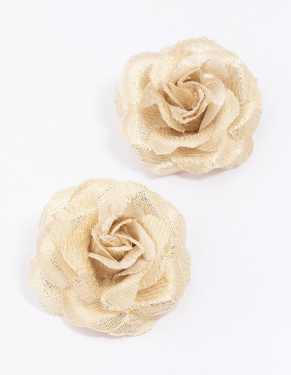 Gold Fabric Flower Statement Stud Earrings