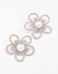 Silver Pearl Flower Statement Stud Earrings - link has visual effect only