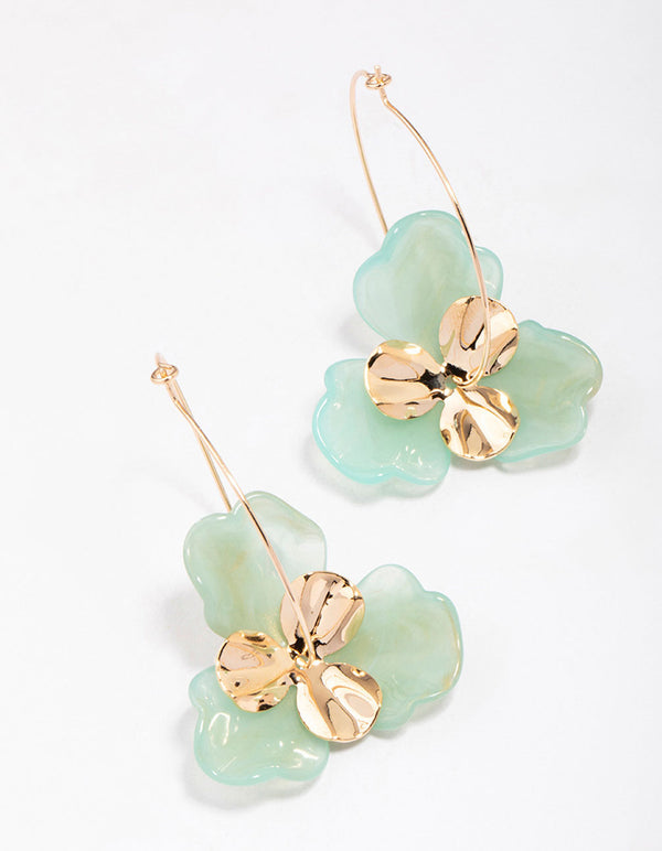 Gold & Green Large Flower Wire Hoop Earrings