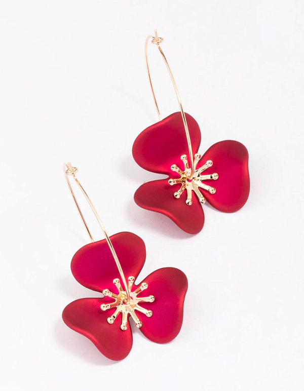 Gold & Red Flower Wire Hoop Earrings