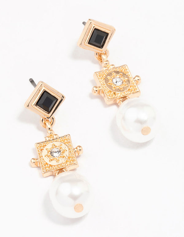 Gold Diamond Square Pearl Drop Earrings