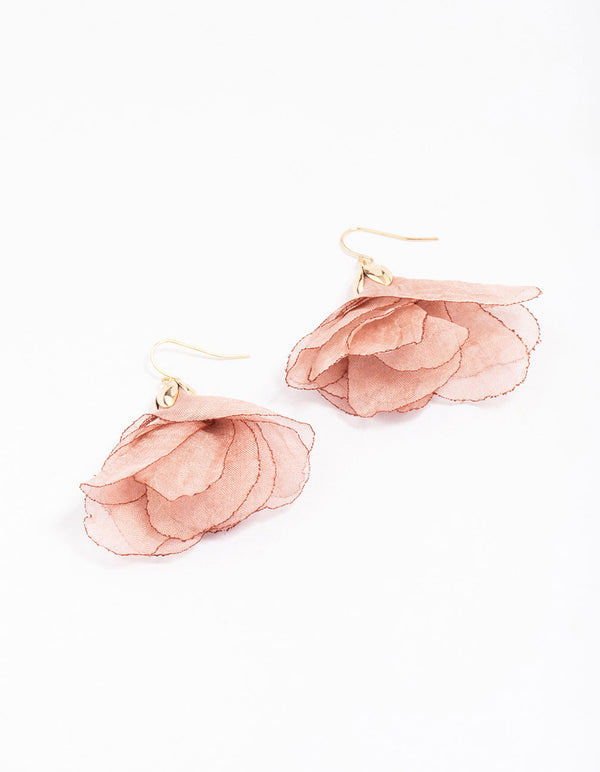 Gold Layered Fabric Flower Drop Earrings