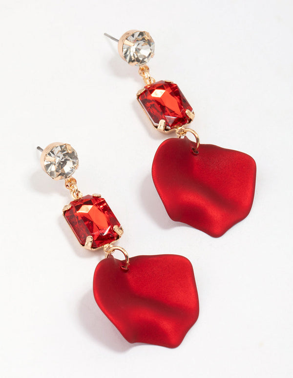 Gold Rectangular Diamante Red Petal Drop Earrings