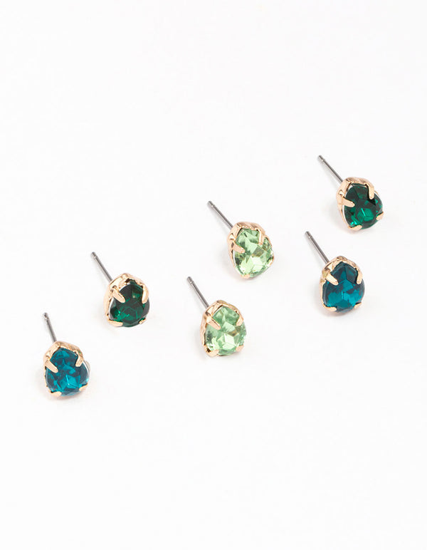 Gold & Green Pear Diamante Stud Earring 3-Pack