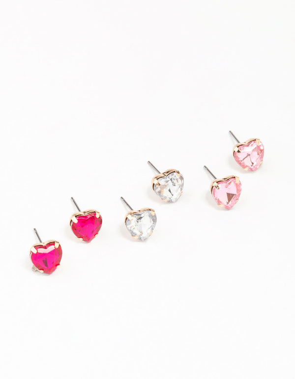 Gold Heart Diamante Stud Earring 3-Pack