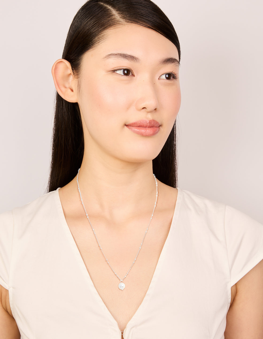Silver Ball Chain Pearl Pendant Necklace