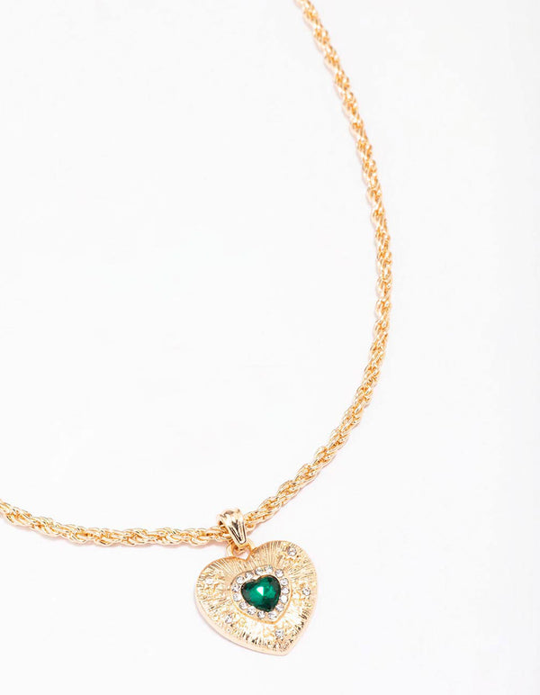 Gold Twisted Rope Diamante Heart Pendant Necklace