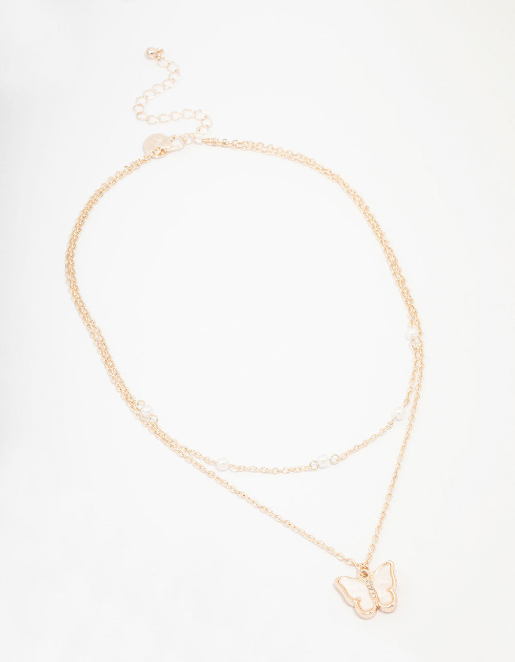 Kids Rose Gold Pearl Butterfly Layered Necklace