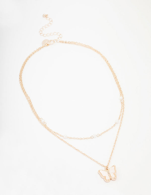 Kids Rose Gold Pearl Butterfly Layered Necklace