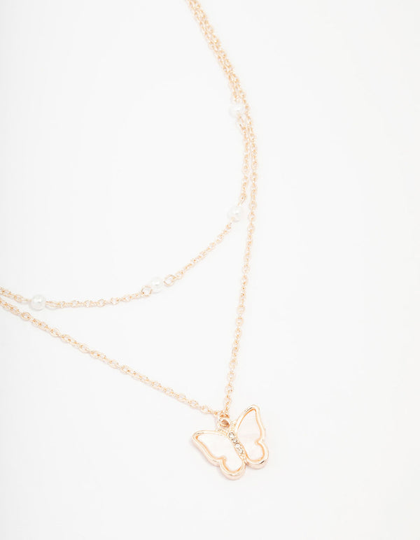 Kids Rose Gold Pearl Butterfly Layered Necklace