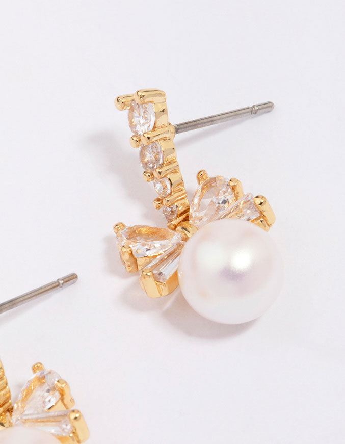 Gold Plated Cubic Zirconia Bow & Pearl Drop Earrings