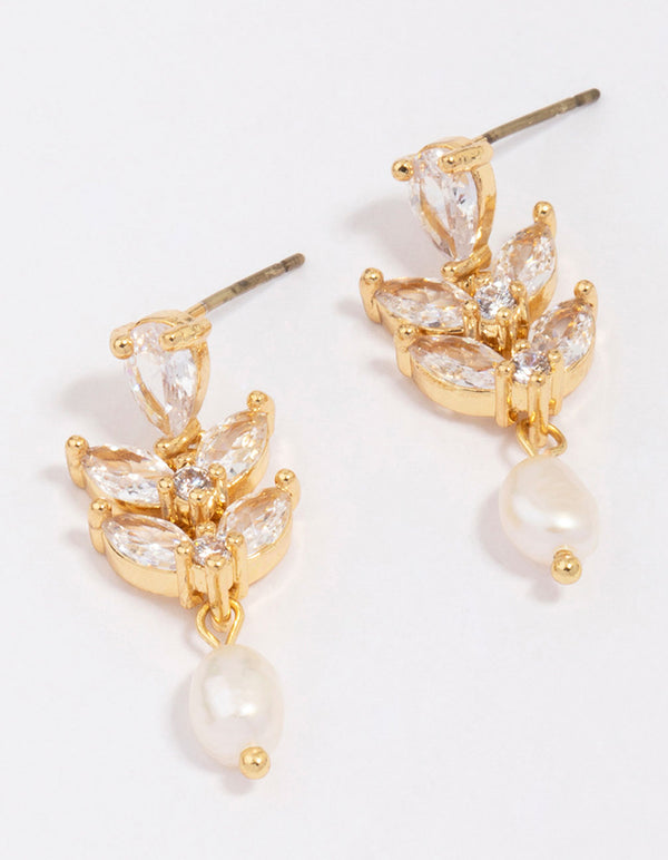 Gold Plated Double Leaf Pearl Drop Earrings