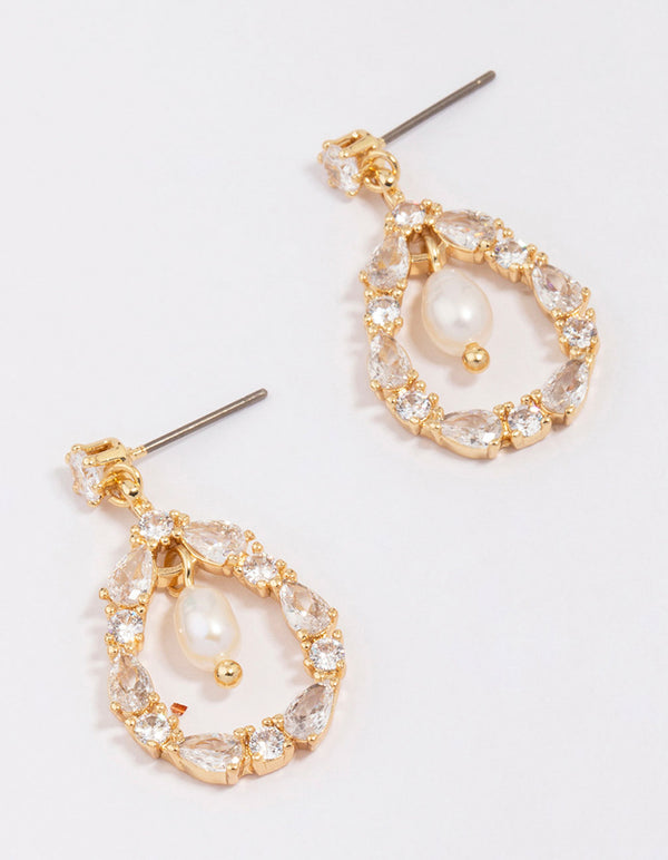 Gold Plated Marquise Encased Pearl Drop Earrings