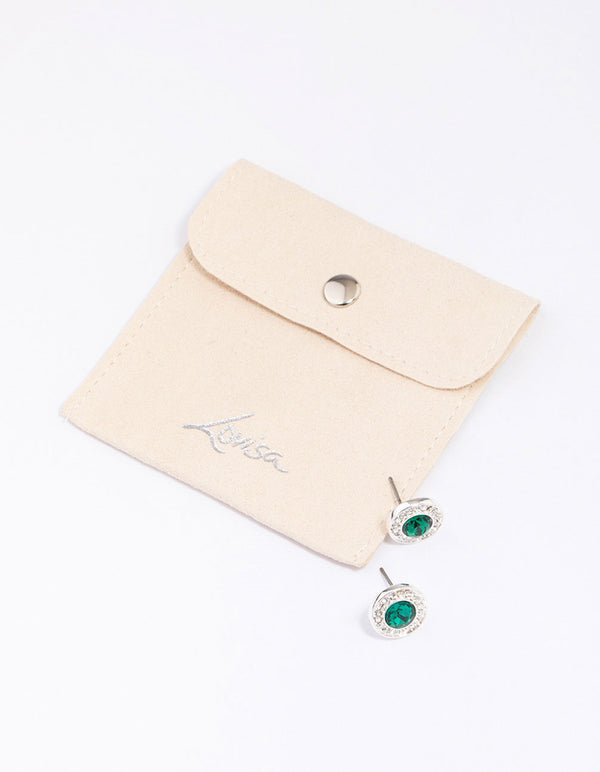 Silver Halo Emerald Diamante Stud Earrings