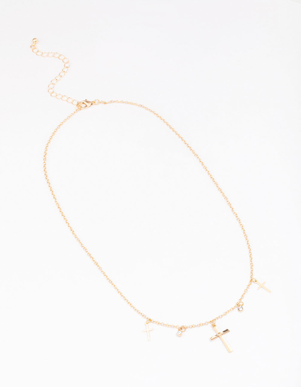 Gold Diamante Cross Droplet Necklace
