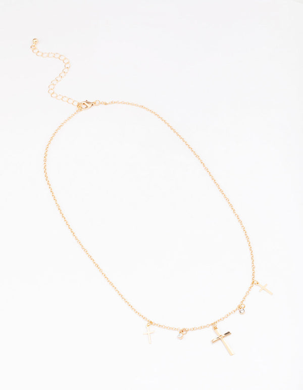 Gold Diamante Cross Droplet Necklace