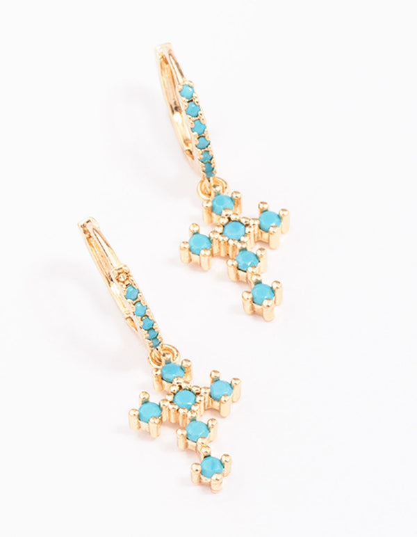 Gold Cubic Zirconia & Turqouise Cross Drop Earrings