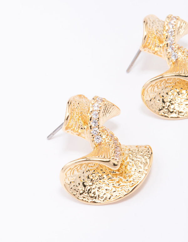 Gold Plated Cubic Zirconia Hammered Twisted Earrings