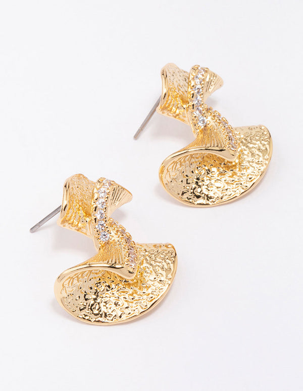 Gold Plated Cubic Zirconia Hammered Twisted Earrings