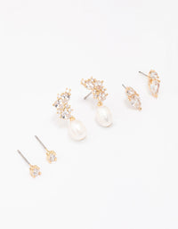 Gold Plated Cubic Zirconia Cluster & Pearl Earrings 3-Pack - link has visual effect only