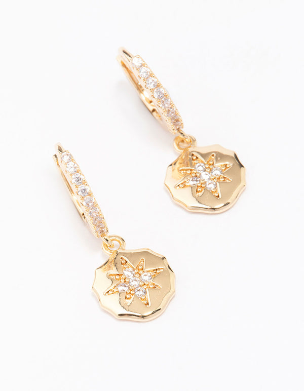 Gold Plated Cubic Zirconia Coin Huggie Hoop Earrings