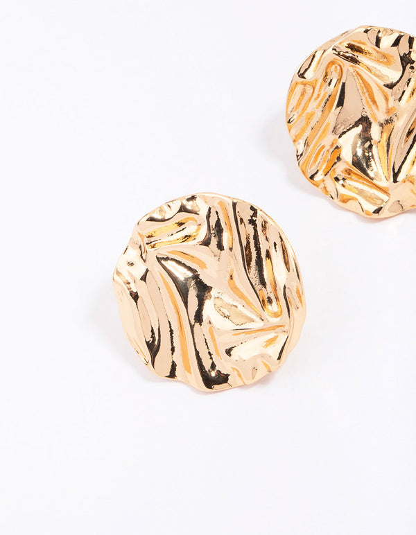 Gold Molten Textured Circle Stud Earrings