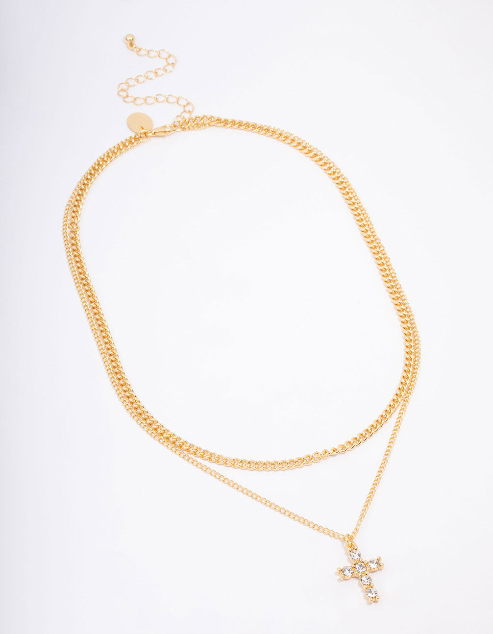 Gold Plated Diamante Cross Layered Curb Necklace