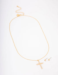 Gold Plated Cubic Zirconia Round Cross Pendant Necklace & Stud Earring Set - link has visual effect only