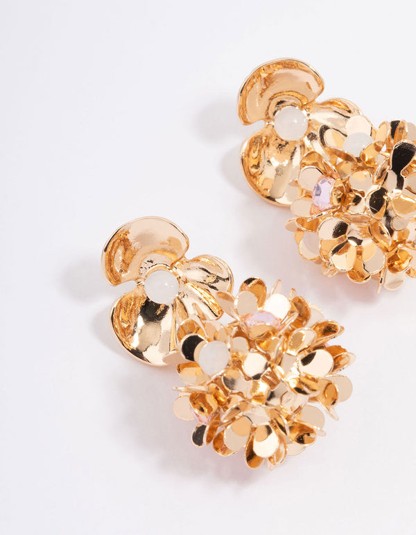 Gold Small Double Row Flower Drop Earrings